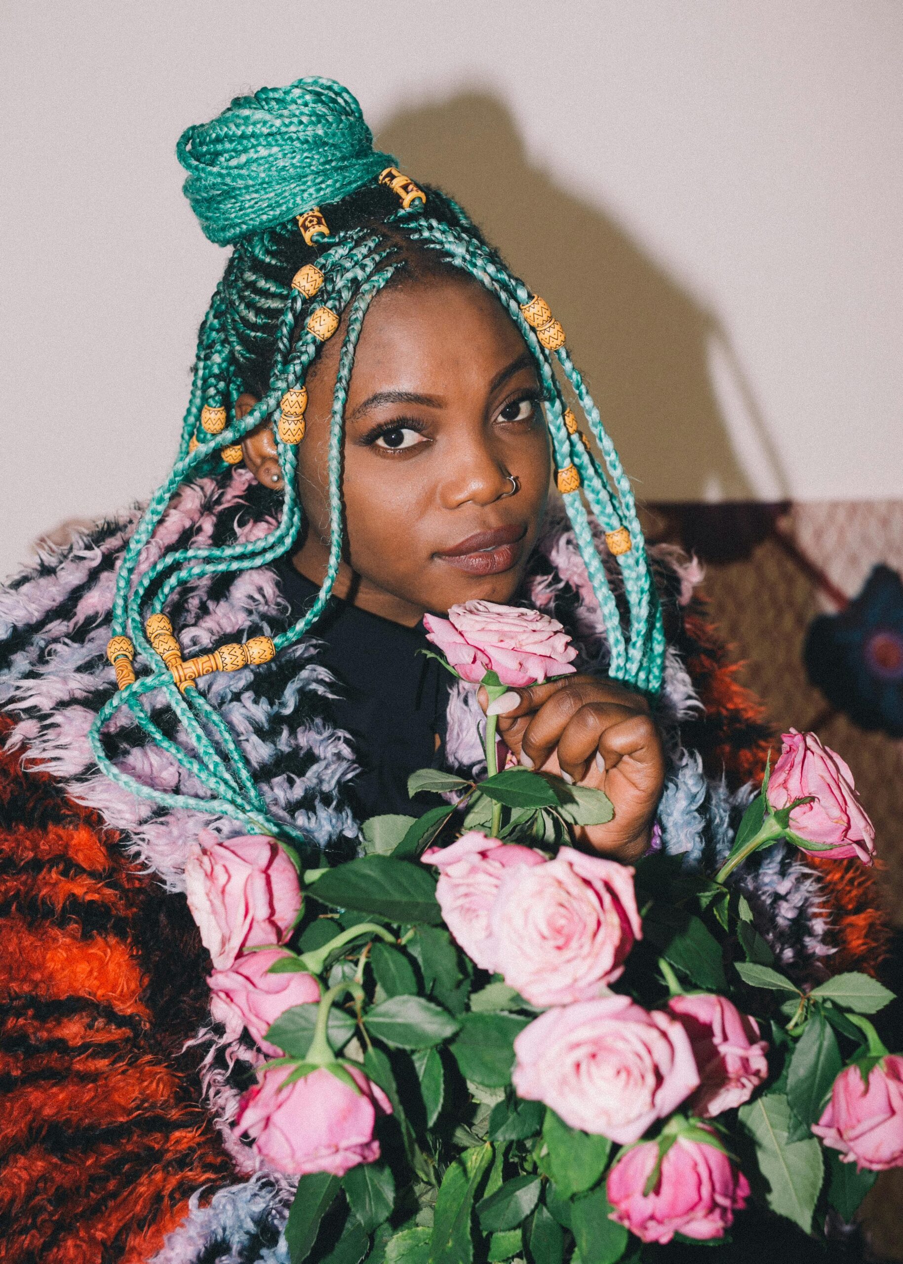 Woman With Green Hair Holding Flowers